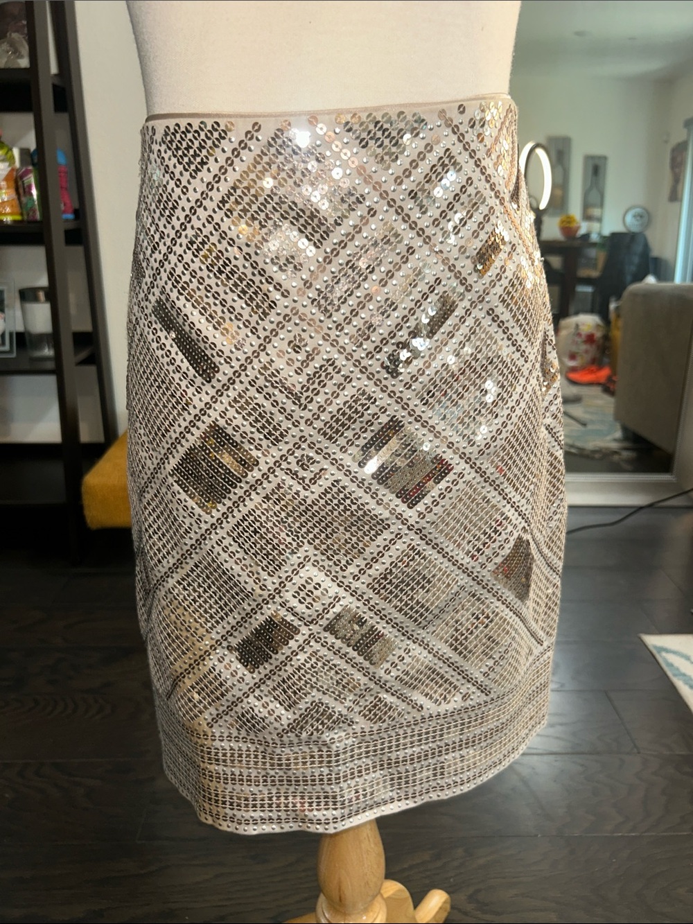 White House Black Market Cream Sequin Geometric Midi Skirt